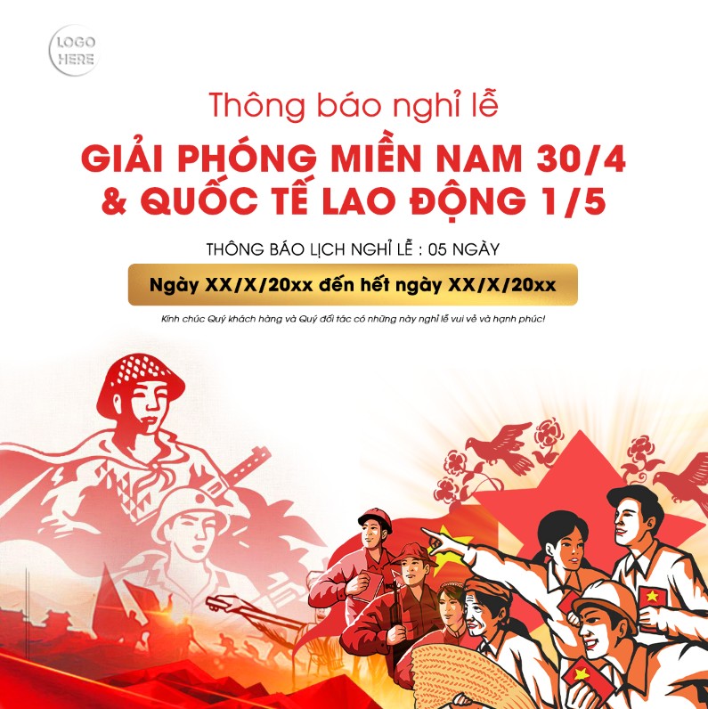 Holiday Announcement Banner for Vietnam Reunification Day and International Workers' Day, Red and White Theme Featuring Workers and Soldiers, Thông báo nghỉ lễ 30/4 và 1/5